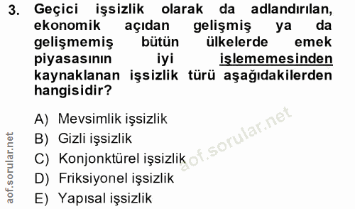 3. soru: Geçici işsizlik olarak da adlandırılan, ekonomik açıdan gelişmiş ya da gelişmemiş bütün ülkelerde emek piyasasının iy…