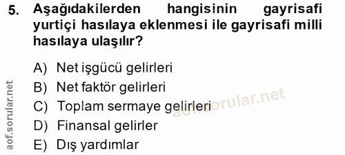 5. soru: Aşağıdakilerden hangisinin gayrisafı yurtiçi hasılaya eklenmesi ile gayrisafi milli hasılaya ulaşılır? A) Net işgücü…