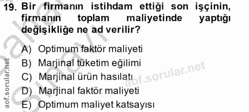 19. soru: Bir firmanın istihdam ettiği son işçinin, firmanın toplam maliyetinde yaptığı degişikliğe ne ad verilir? A) Optimum f…