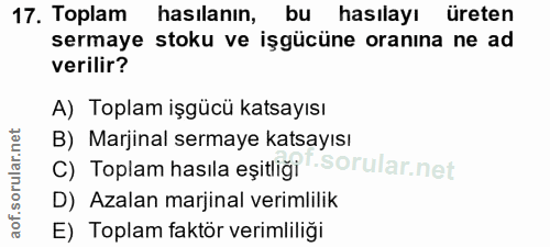 17. soru: Toplam hasılanın, bu hasılayı üreten sermaye stoku ve işgücüne oranına ne ad verilir? A) Toplam işgücü katsayısı B) M…