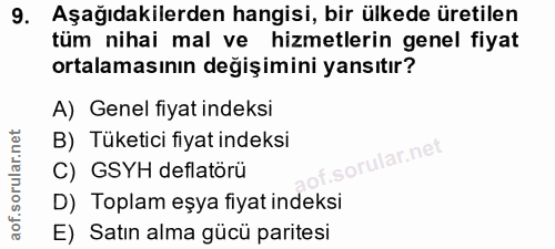 9. soru: Aşağıdakilerden hangisi, bir ülkede üretilen tüm nihai mal ve hizmetlerin genel fiyat ortalamasının değişimini yansıt…