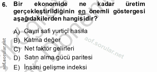 6. soru: Bir ekonomide ne kadar üretim gerçekleştirildiğinin en önemli göstergesi aşağıdakilerden hangisidir? A) Gayri safi yu…