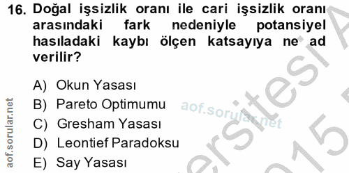 16. soru: Doğal işsizlik oranı ile cari işsizlik oranı arasındaki fark nedeniyle potansiyel hasıladaki kaybı ölçen katsayıya ne…