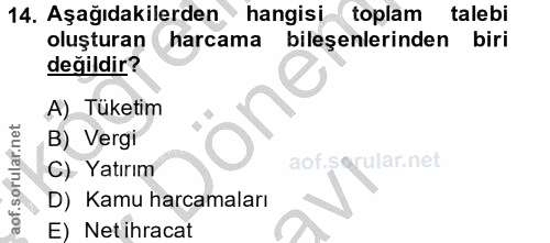 14. soru: Aşağıdakilerden hangisi toplam talebi oluşturan harcama bileşenlerinden biri değildir? A) Tüketim B) Vergi C) Yatırım…