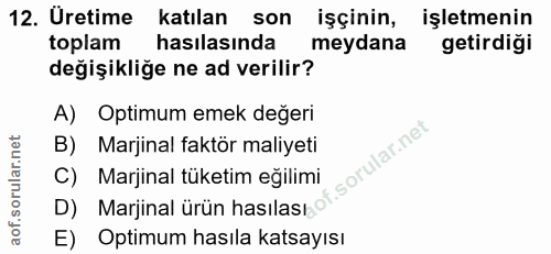 12. soru: Uretime katılan son işçinin, işletmenin toplam hasılasında meydana getirdiği değişikliğe ne ad verilir? A) Optimum em…