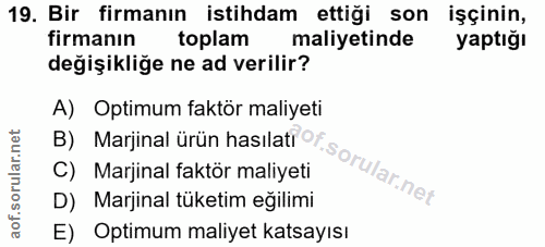 19. soru: Bir firmanın istihdam ettiği son işçinin, firmanın toplam maliyetinde yaptığı değişikliğe ne ad verilir? A) Optimum f…