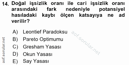 14. soru: Doğal işsizlik oranı ile cari işsizlik oranı arasındaki fark nedeniyle potansiyel hasıladaki kaybı ölçen katsayıya ne…