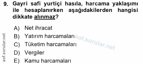 9. soru: Gayri safi yurtiçi hasıla, harcama yaklaşımı ile hesaplanırken aşağıdakilerden hangisi dikkate alınmaz? B) Yatırım ha…