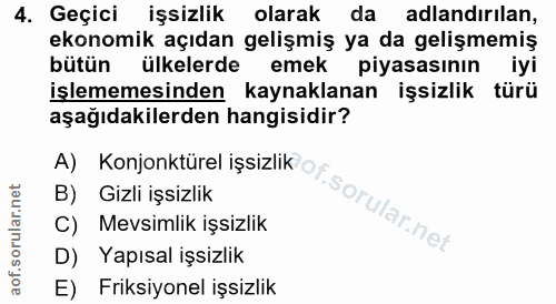 4. soru: Geçici işsizlik olarak da adlandırılan, ekonomik açıdan gelişmiş ya da gelişmemiş bütün ülkelerde emek piyasasının iy…