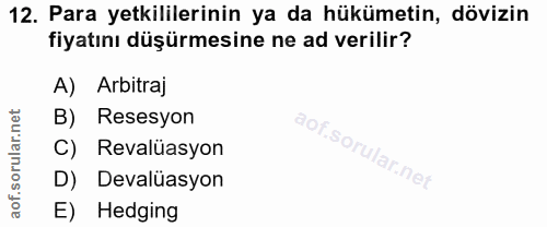 12. soru: Para yetkililerinin ya da hükümetin, dövizin fiyatını düşürmesine ne ad verilir? A) Arbitraj B) Resesyon C) Revalüasy…