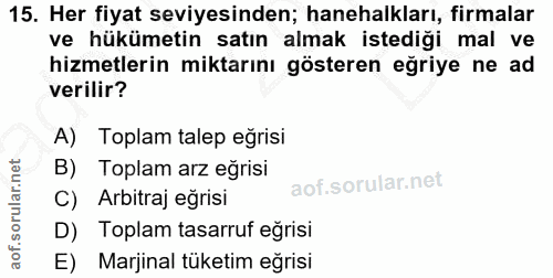 15. soru: Her fiyat seviyesinden; hanehalkları, firmalar ve hükümetin satın almak istediği mal ve hizmetlerin miktarını göstere…