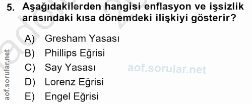 5. soru: Aşağıdakilerden hangisi enflasyon ve işsizlik arasındaki kısa dönemdeki ilişkiyi gösterir? A) Gresham Yasası B) Phill…