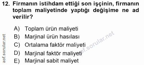 12. soru: Firmanın istihdam ettiği son işçinin, firmanın toplam maliyetinde yaptığı değişime ne ad verilir? A) Toplam ürün mali…