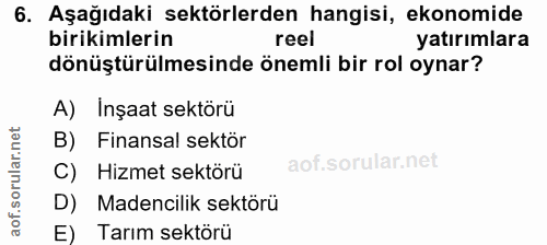 6. soru: Aşağıdaki sektörlerden hangisi, ekonomide birikimlerin reel yatırımlara dönüştürülmesinde önemli bir rol oynar? A) In…