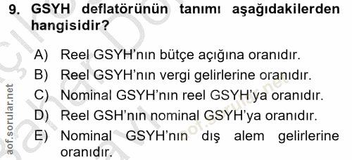 9. soru: GSYH deflatörünün tanımı aşağıdakilerden hangisidir? A) Reel GSYH'nın bütçe açığına oranıdır. B) Reel GSYH'nın vergi…