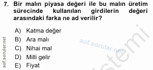7. soru: Bir malın piyasa değeri ile bu malın üretim sürecinde kullanılan girdilerin değeri arasındaki farka ne ad verilir? A)…