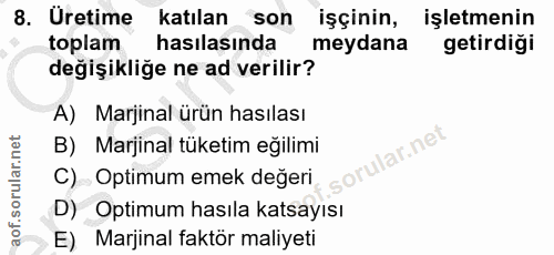 8. soru: Uretime katılan son işçinin, işletmenin toplam hasılasında meydana getirdiği değişikliğe ne ad verilir? A) Marjinal ü…