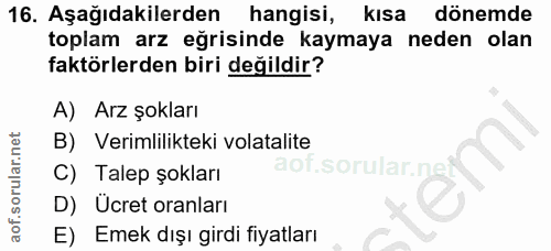 16. soru: Aşağıdakilerden hangisi, kısa dönemde toplam arz eğrisinde kaymaya neden olan faktörlerden biri değildir? A) Arz şokl…