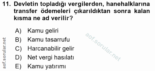 11. soru: Devletin topladığı vergilerden, hanehalklarına transfer ödemeleri çıkarıldıktan sonra kalan kısma ne ad verilir? A) K…