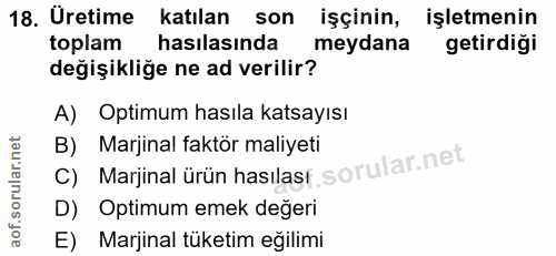 18. soru: Üretime katılan son işçinin, işletmenin toplam hasılasında meydana getirdiği degişikliğe ne ad verilir? A) Optimum ha…