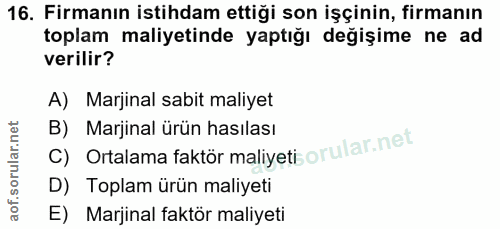 16. soru: Firmanın istihdam ettiği son işçinin, firmanın toplam maliyetinde yaptığı değişime ne ad verilir? A) Marjinal sabit m…