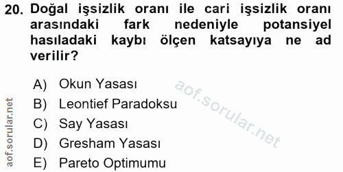 20. soru: Doğal işsizlik oranı ile cari işsizlik oranı arasındaki fark nedeniyle potansiyel hasıladaki kaybı ölçen katsayıya ne…