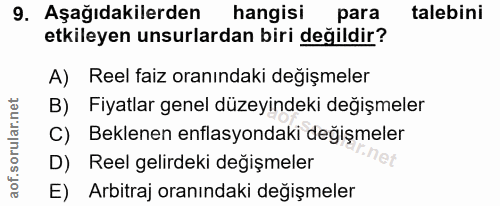 9. soru: Aşağıdakilerden hangisi para talebini etkileyen unsurlardan biri değildir? A) Reel faiz oranındaki değişmeler B) Fiya…