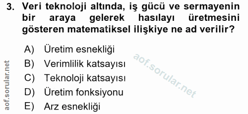 3. soru: Veri teknoloji altında, iş gücü ve sermayenin bir araya gelerek hasılayı üretmesini gösteren matematiksel ilişkiye ne…