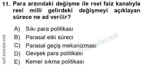 11. soru: Para arzındaki değişme ile reel faiz kanalıyla reel milli gelirdeki değişmeyi açıklayan sürece ne ad verilir? A) Sıkı…