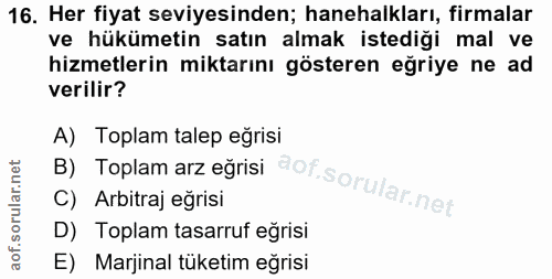 16. soru: Her fiyat seviyesinden; hanehalkları, firmalar ve hükümetin satın almak istediği mal ve hizmetlerin miktarını göstere…