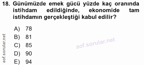 18. soru: Günümüzde emek gücü yüzde kaç oranında istihdam edildiğinde, ekonomide tam istihdamın gerçekleştiği kabul edilir? A)…