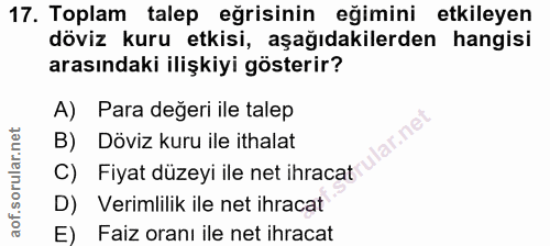 17. soru: Toplam talep eğrisinin eğimini etkileyen döviz kuru etkisi, aşağıdakilerden hangisi arasındaki ilişkiyi gösterir? A)…