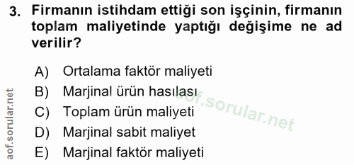 3. soru: Firmanın istihdam ettiği son işçinin, firmanın toplam maliyetinde yaptığı değişime ne ad verilir? A) Ortalama faktör…