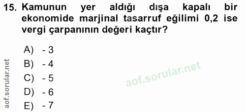 15. soru: Kamunun yer aldığı dışa Kapalı bir ekonomide marjinal tasarruf eğilimi 0,2 ise vergi çarpanının değeri kaçtır? A) - 3…