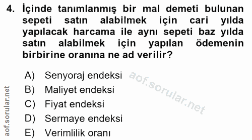 4. soru: İçinde tanımlanmış bir mal demeti bulunan sepeti satın alabilmek için cari yılda yapılacak harcama ile aynı sepeti ba…