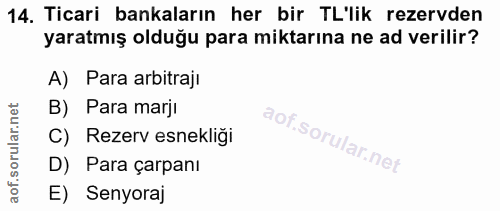 14. soru: Ticari bankaların her bir TL'lik rezervden yaratmış olduğu para miktarına ne ad verilir? A) Para arbitraji B) Para ma…