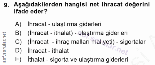 9. soru: Aşağıdakilerden hangisi net ihracat değerini ifade eder? A) Ihracat - ulaştırma giderleri B) (Ihracat - ithalat) - ul…
