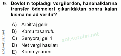 9. soru: Devletin topladığı vergilerden, hanehalklarına transfer ödemeleri çıkarıldıktan sonra kalan kısma ne ad verilir? A) A…