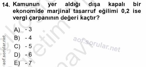 14. soru: Kamunun yer aldığı dışa kapalı bir ekonomide marjinal tasarruf eğilimi 0,2 ise vergi çarpanının değeri kaçtır? A) - 3…