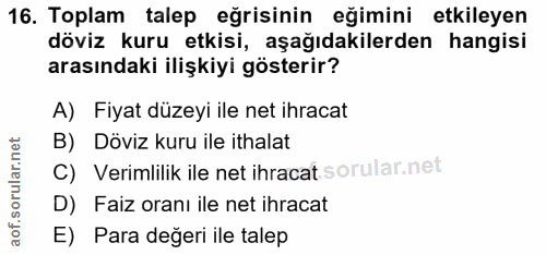 16. soru: Toplam talep eğrisinin eğimini etkileyen döviz kuru etkisi, aşağıdakilerden hangisi arasındaki ilişkiyi gösterir? A)…