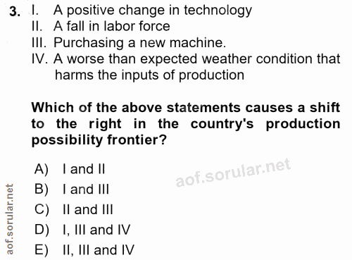 3. soru: 1. A positive change in technology Il. A tall in labor force III. Purchasing a new machine. IV. A worse than expected…