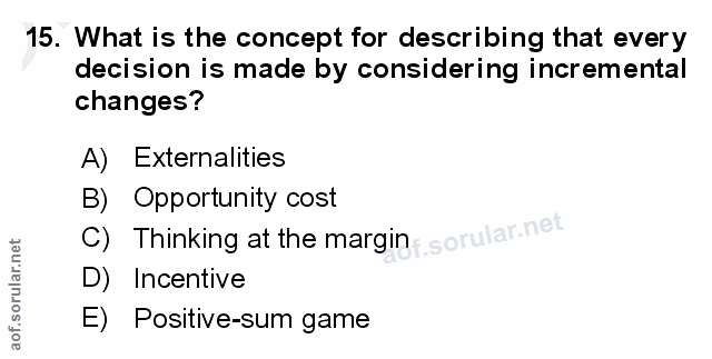15. soru: What is the concept for describing that every decision is made by considering incremental changes? A) Externalities B…