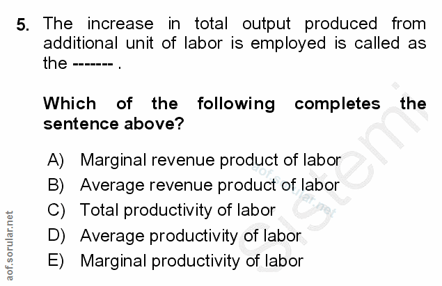 5. soru: The increase in total output produced from additional unit of labor is employed is called as the ---- Which of the fo…