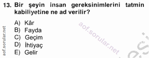 13. soru: Bir şeyin insan gereksinimlerini tatmin kabiliyetine ne ad verilir? A) Kâr B) Fayda C) Geçim D) Ihtiyaç E) Gelir
