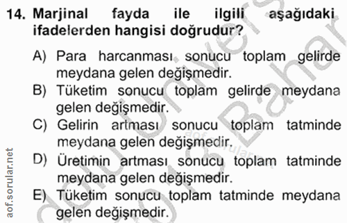14. soru: Marjinal fayda ile ilgili aşağıdaki ifadelerden hangisi doğrudur? A) Para harcanması, sonucu toplam gelirde meydana g…