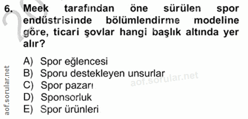 6. soru: Meek tarafindan öne sürülen spor endüstrisinde bölümlendirme modeline göre, ticari şovlar hangi başlık altında yer al…