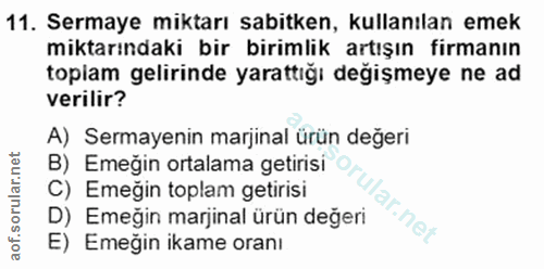 11. soru: Sermaye miktarı sabitken, kullanılan emek miktarındaki bir birimlik artışın firmanın topiam gelirinde yarattığı değiş…