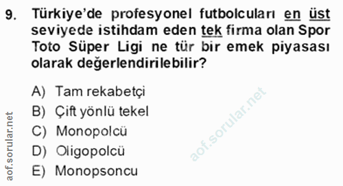 9. soru: Türkiye'de profesyonel futbolcuları en üst seviyede istihdam eden tek firma olan Spor Toto Süper Ligi ne tür bir emek…