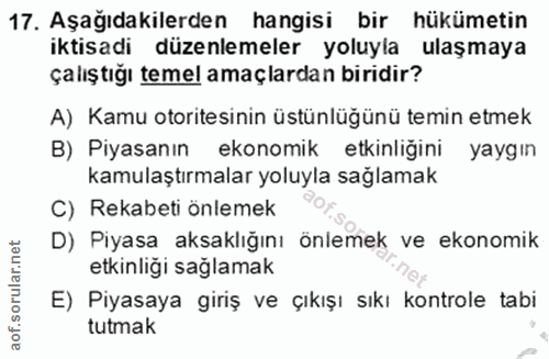 17. soru: Aşağıdakilerden hangisi bir hükümetin iktisadi düzenlemeler yoluyla ulaşmaya çalıştığı temel amaçlardan biridir? A) K…
