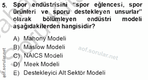 5. soru: Spor endüstrisini "spor eğlencesi, spor Ürünleri ve sporu destekleyen unsurlar" olarak bölümleyen endüstri modeli aşa…